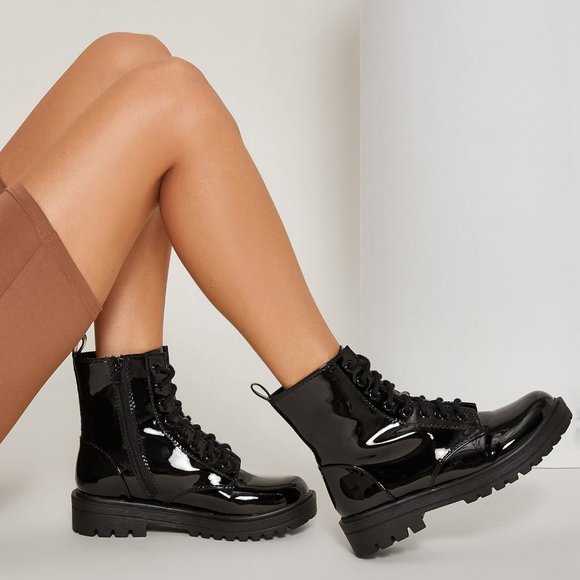 NEW🔥Faux Patent Leather Lace-Up Combat Military Ankle Boot Booties Lug Platform - Picture 2 of 4